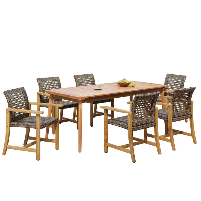 7 Piece Patio Dining Set, Slatted Table & 6 Chairs For Patio Garden - Mocha / Teak