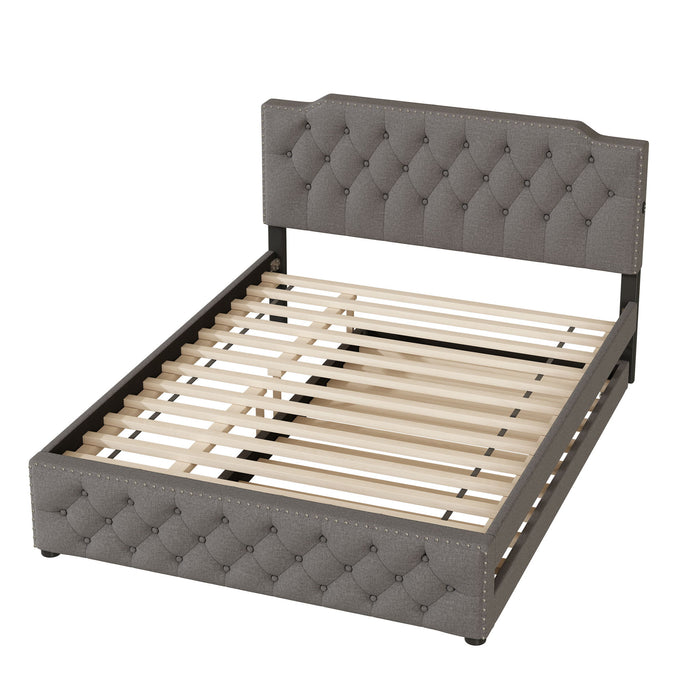 Upholstered Platform Bed With Trundle And 2 Sets Of USB Ports On Each Side, Linen Fabric