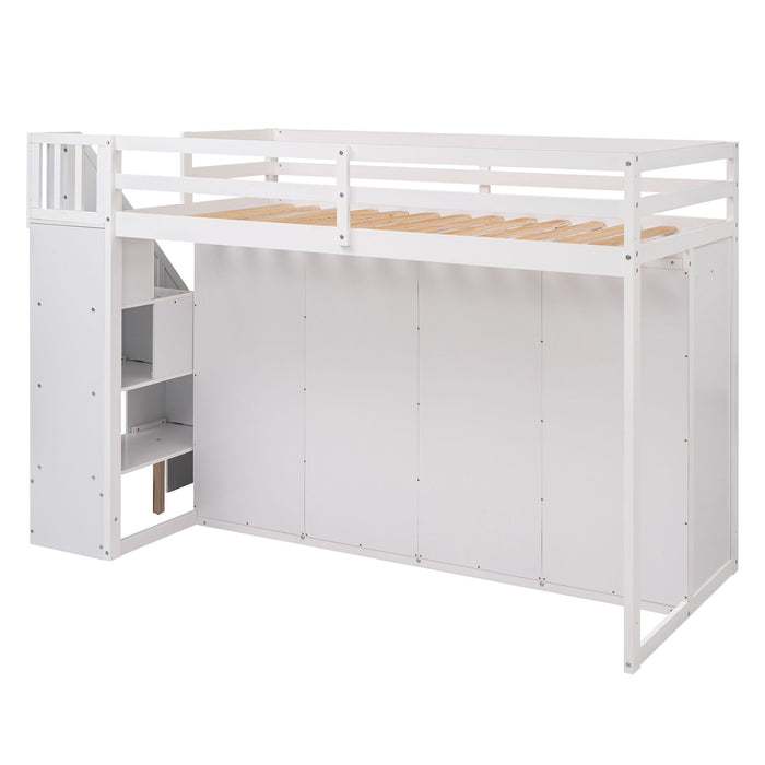 Loft Bed With 3 Shelves, 2 Wardrobes, 2 Drawers, Ladder Storage