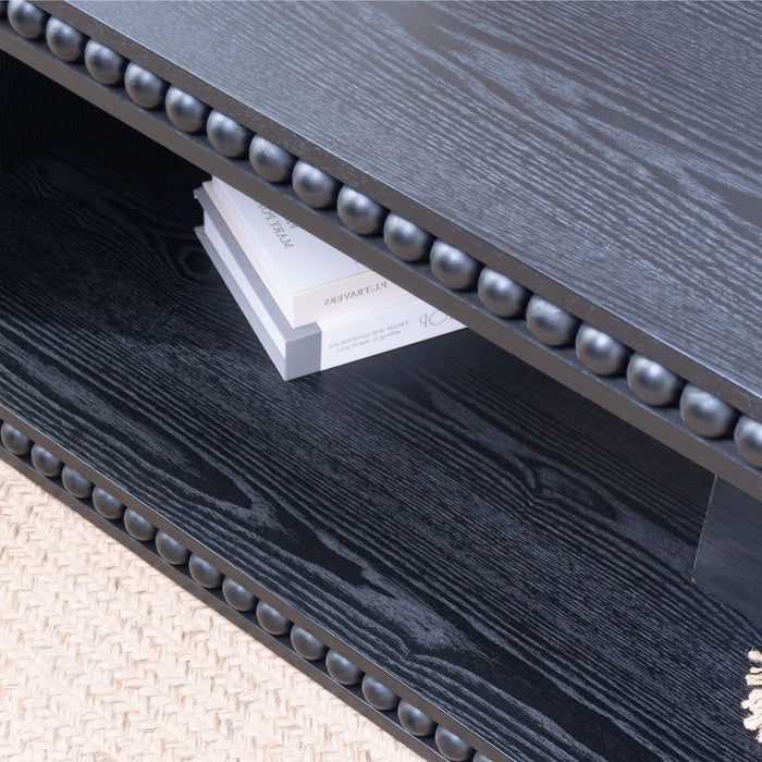 Beaded Edge Coffee Table, Rectangular Center Table With Open Storage Shelf - Black