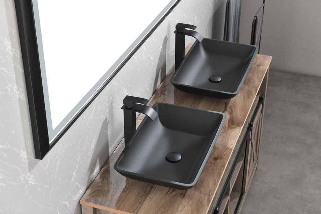 Matte Shell Glass Rectangular Vessel Bathroom Sink In Black With Faucet And Pop - Up Drain In Matte