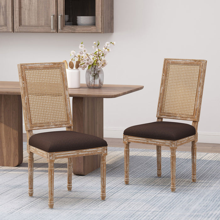 French Country Dining Chair With Rectangular Cane Backrest And Smooth Upholstered Seating