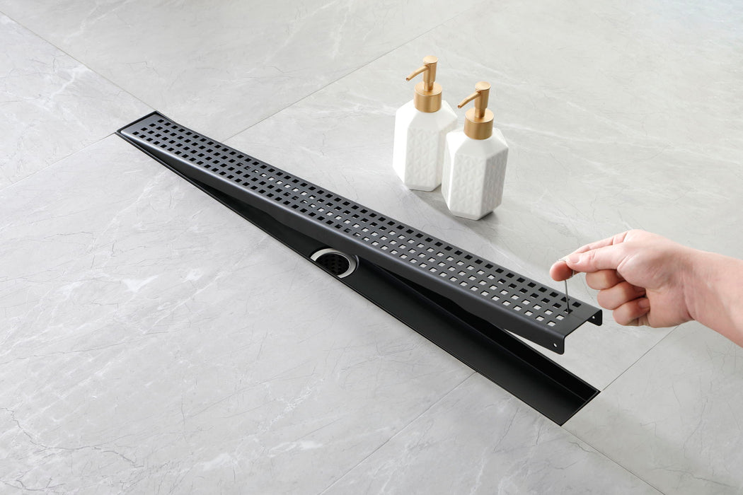 28 Inches Linear Shower Drain With Removable Quadrato Pattern Grate, Drain Included Hair Strainer And Leveling Feet