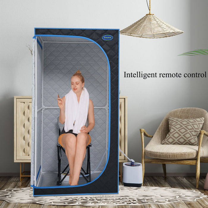 Portable Black Full Size Steam Sauna Tent Personal Home Spa, With Steam Generator, Remote Control, Foldable Chair, PVC Pipes. Easy To Install, Fast Heating, With Fcc & Ul Certification.