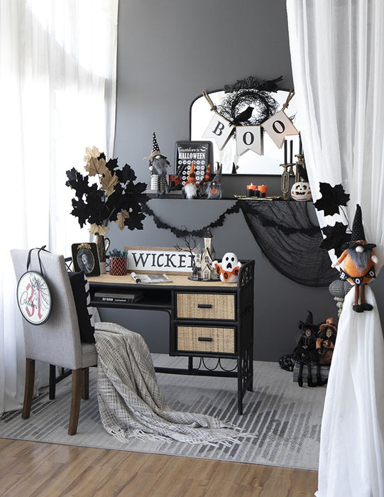 Sitting Gnome With Broomstick & Soft Legs, For Halloween Decor - Black White