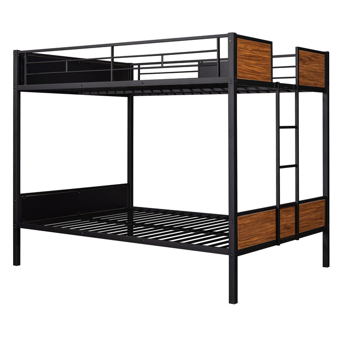 Full Over Full Bunk Bed Modern Style Steel Frame Bunk Bed With Safety Rail, Built-In Ladder For Bedroom - Brown