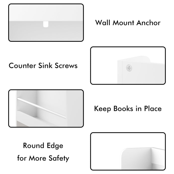 Wall Mounted Bookshelf, 3 Front Facing Display Shelves For Toddler Bedroom - White