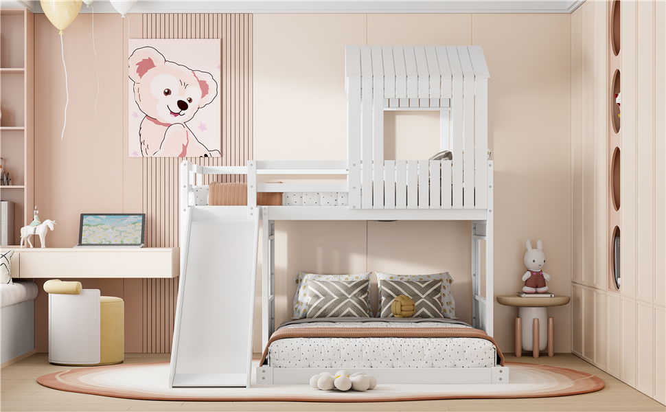 Loft Bunk Bed With Playhouse, Farmhouse, Ladder, Slide And Guardrails