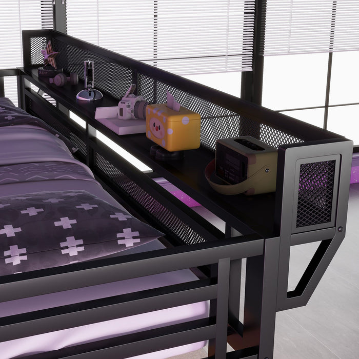Queen Loft Bed With Desk And Charging Station Stairs And Light - Black