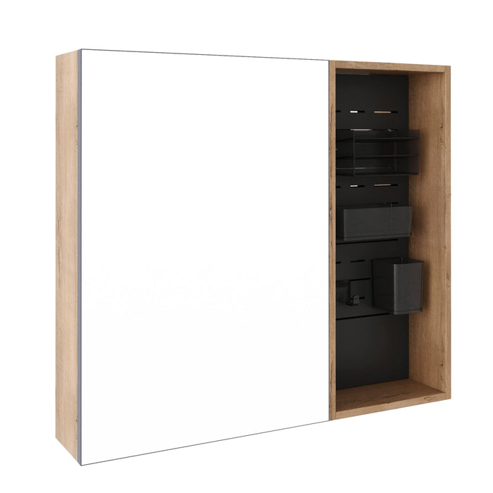 Wall Mounted Bathroom Mirror Cabinet & Adjustable Shelves - Imitative Oak