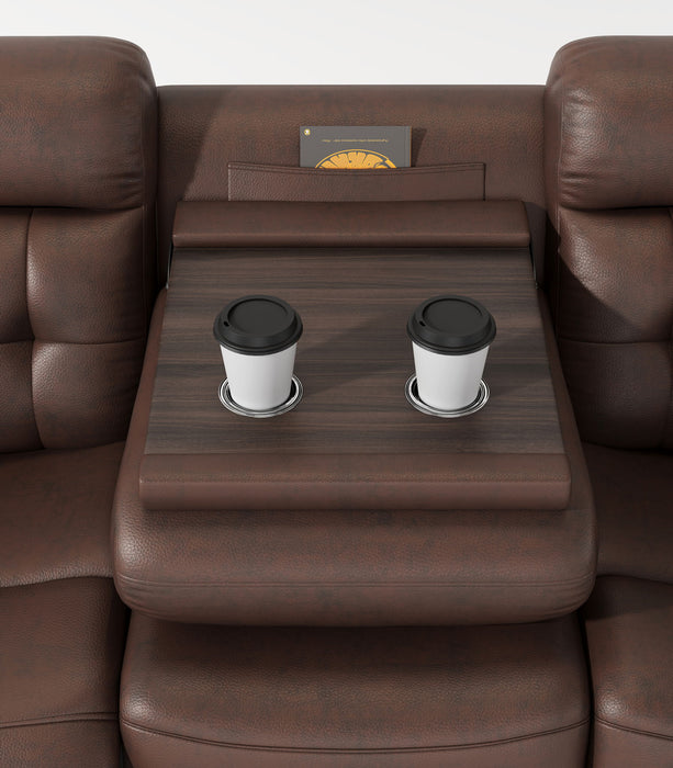 Genuine Leather Non Power Reclining Sofa With Drop Down Table, Stainless Steel Cupholders And Magazine Bag
