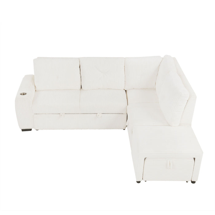 Pull-Out L-Shaped Sectional Sofa With Movable Ottoman And Stool, Large Storage Space, A Cup Holder, And 2 USB Ports For Living Room