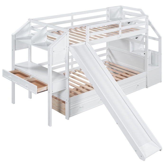 Bunk Bed With Storage Staircase, Slide, Desk, Drawers, And Shelves