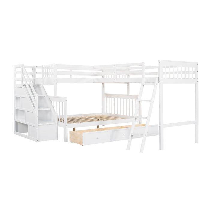 Solid L Shaped Bunk Bed With 3 Drawers, Ladder And Staircase