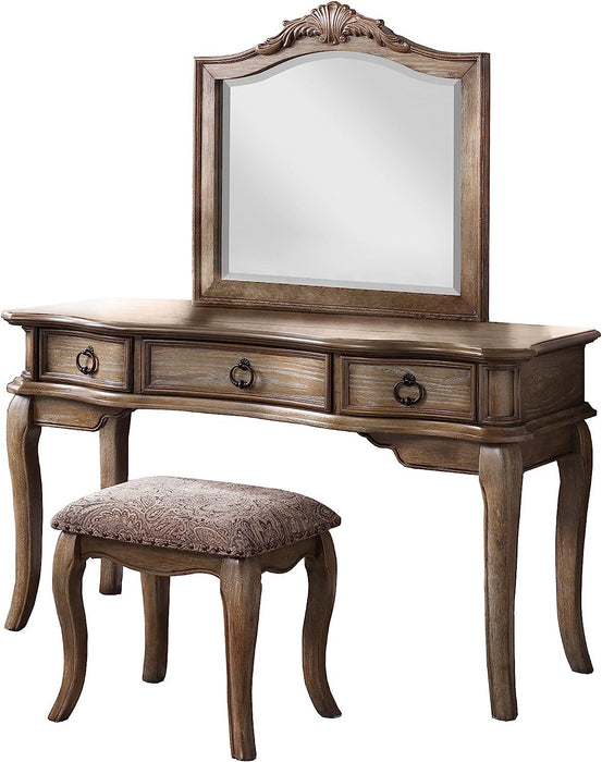 Contemporary Antique Oak Color Vanity Set Stool Retro Style Drawers Cabriole-Tapered Legs Mirror Floral Crown Molding Bedroom Furniture
