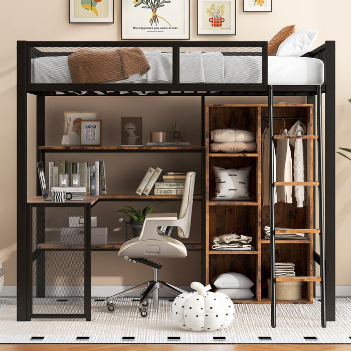 Full Size Loft Bed With Built In Desk, Wardrobe, And Shelves - Black