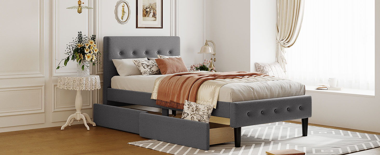 Twin Size Upholstered Platform Bed With 2 Drawers - Gray