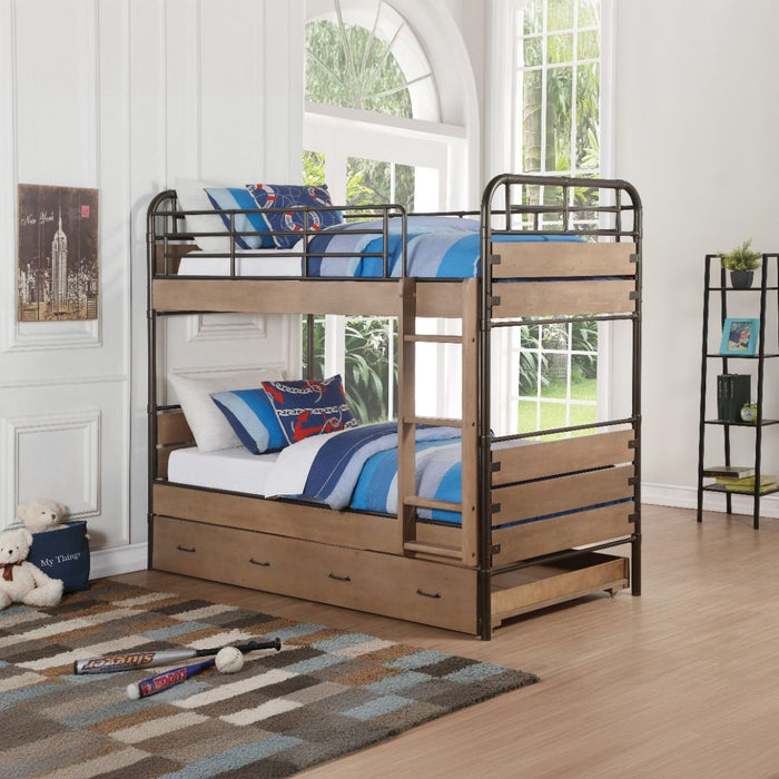 Adams - Twin Over Twin Bunk Bed With Trundle - Antique Oak & Gunmetal