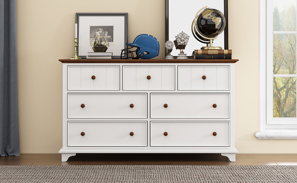 Wooden Captain Seven Drawer Dresser For Bedroom, Living Room, Kids' Room, White / Walnut