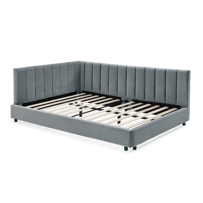 Mid-Century Upholstered Tufted Bed Frame With Backrest And Armrests