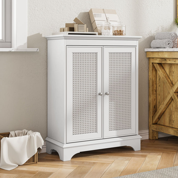 White 2 Door Rattan Storage Cabinet With Adjustable Partition, Medieval Modern Independent Buffet Cabinet, Multifunctional Decorative Cabinet Suitable For Living Room, Kitchen, Bathroom - White