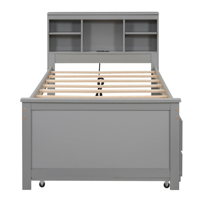 Platform Bed With Storage Headboard, USB, Trundle And 3 Drawers