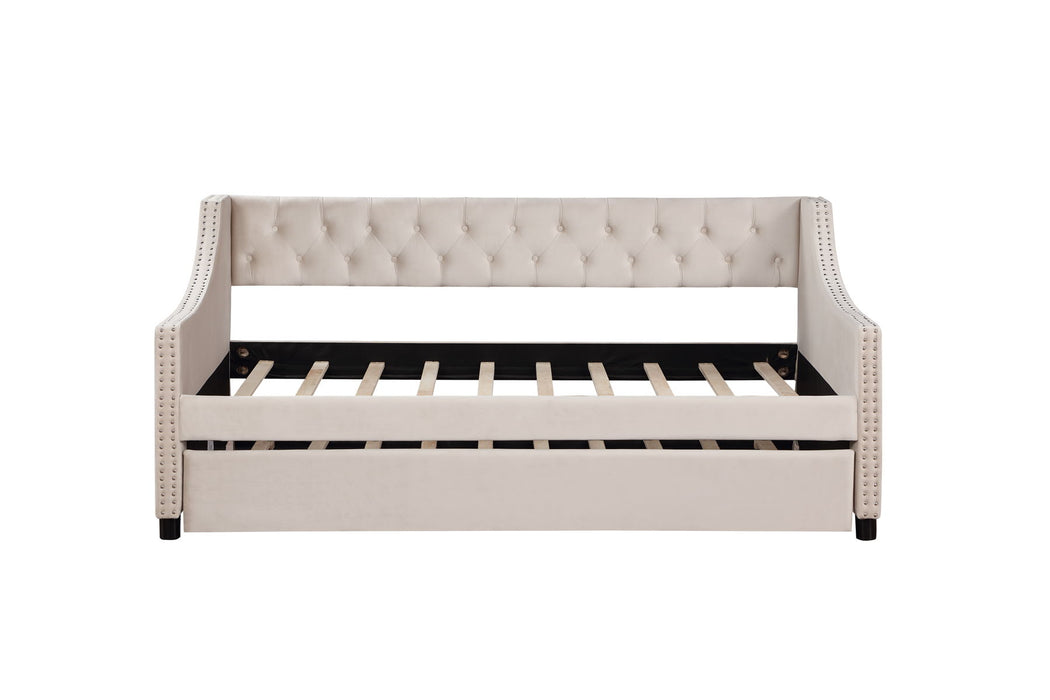 Upholstered Daybed With Trundle, Twin Size Frame, Beige