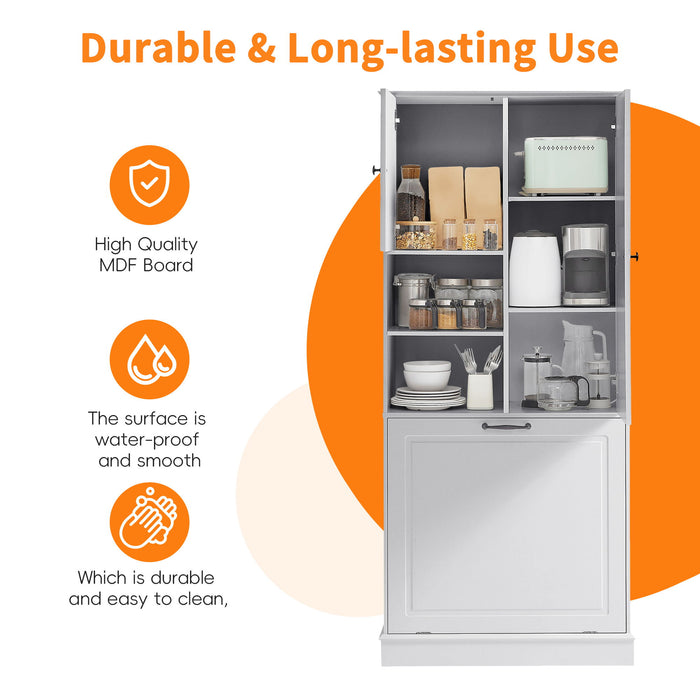 Modern Tall Storage Cabinet With Adjustable Shelves, Flip-Out Basket & Enclosed Doors