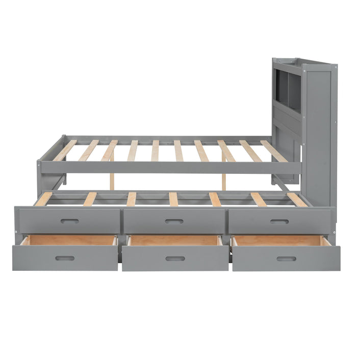 Full Size Platform Bed With Trundle, Drawers, USB Ports And Built In Shelves - Gray