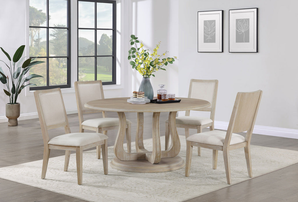 Trofello - Round Dining Table With Curved Pedestal Base - White Washed