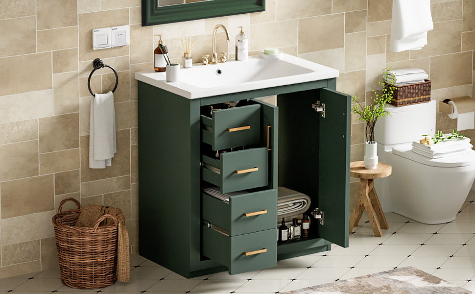 Ceramic Sink Combo, Freestanding Vanity Set With 3 Drawers & Soft Closing Doors
