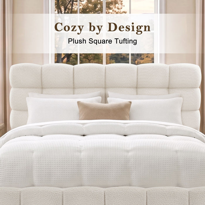 Pula - Queen Platform Bed With Upholstered Headboard, Slat Support, No Box Spring Needed - Ivory