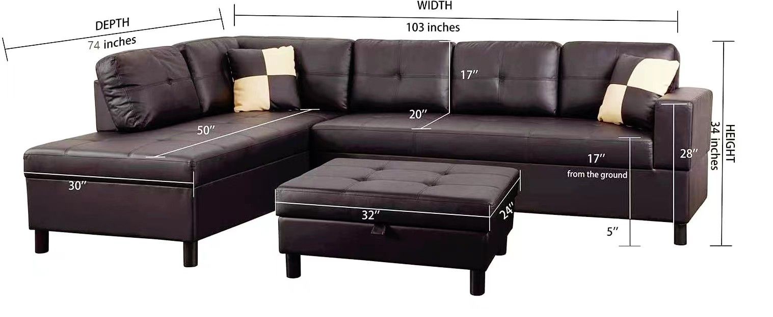 3 Pc Sectional Sofa Set (Brown) Faux Leather Right Facing Chaise With Free Storage Ottoman