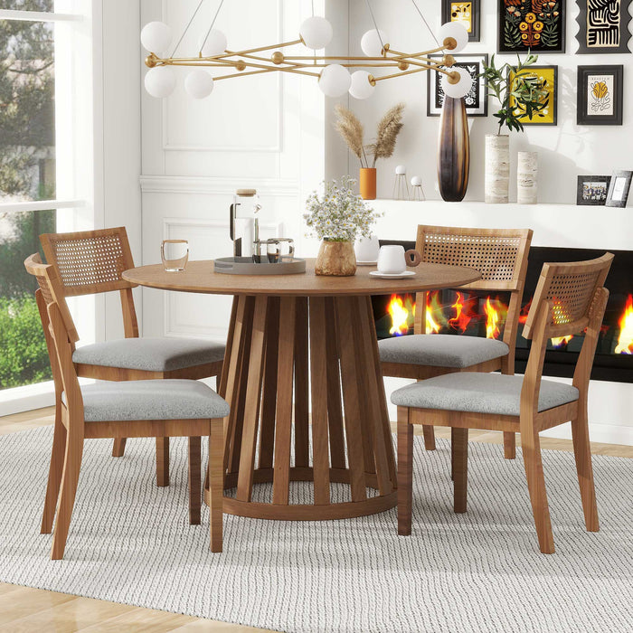 Trexm 5 Piece Retro Dining Set With 1 Round Dining Table And 4 Upholstered Chairs With Rattan Backrests For Dining Room And Kitchen (Light Brown)