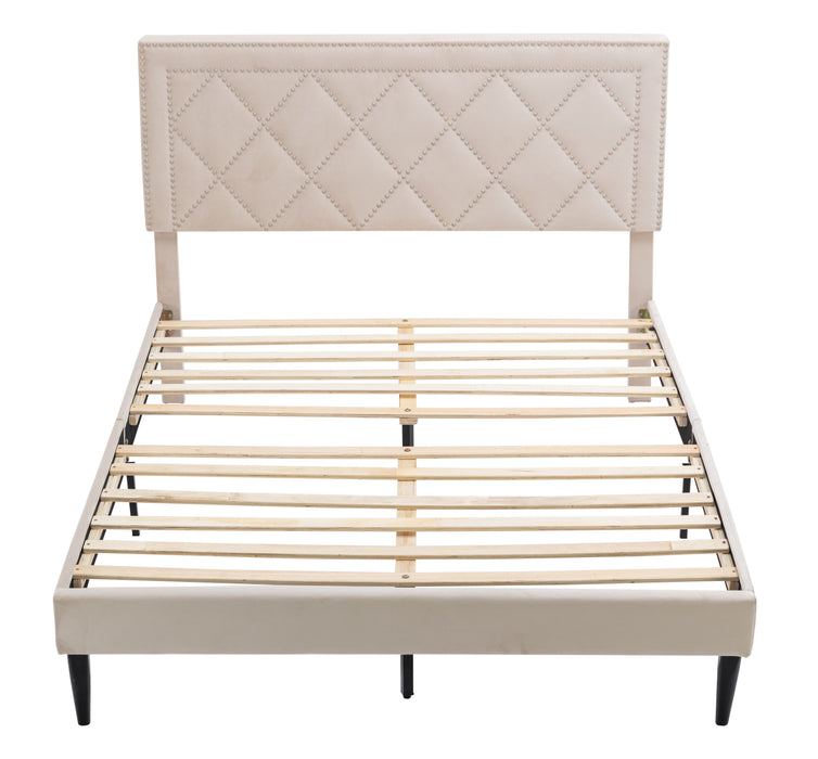 Modern Curved Upholstered Bed, Nailhead Trim (Queen)