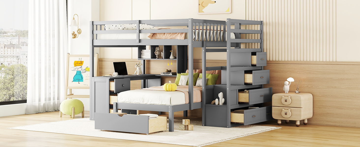 Bunk Bed With Desk, Drawers And Shelves
