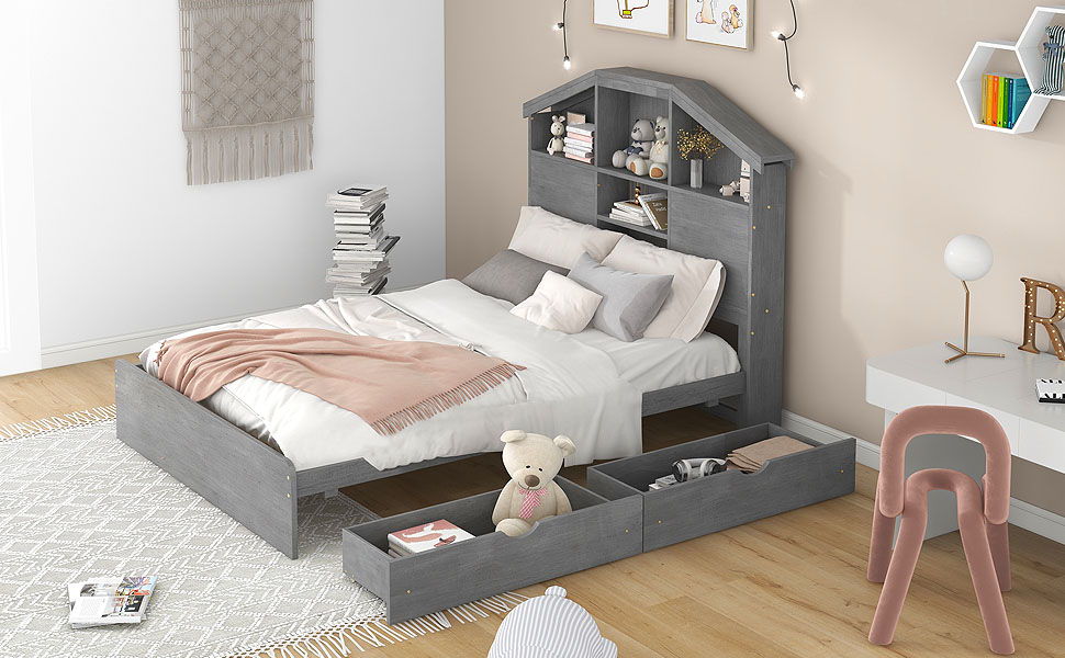 Full Size Wood Platform Bed With House Shaped Storage Headboard And 2 Drawers, Gray