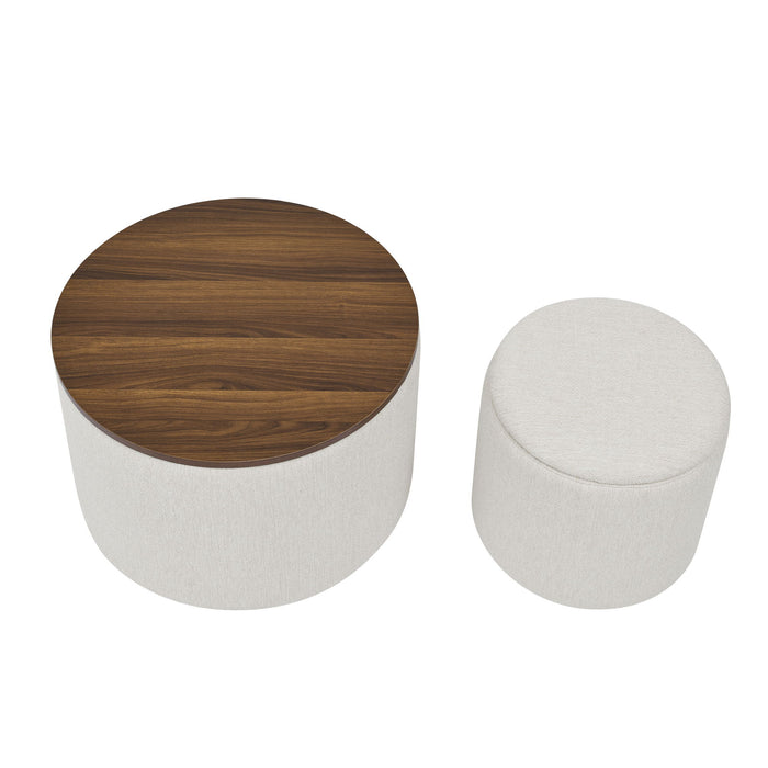 Classic 2 Piece Round Storage Ottoman Set With Drum Shaped Stool