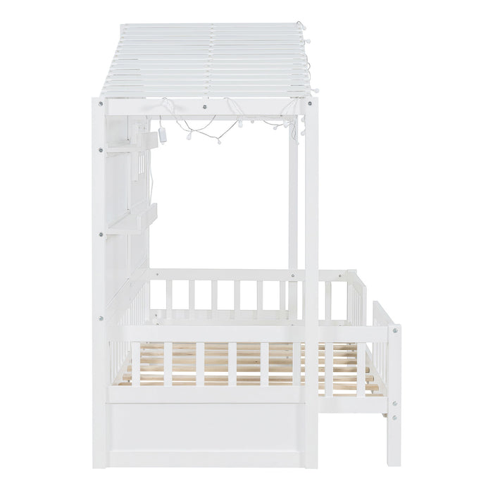 House Bed With Shelves, Window And Sparkling Light Strip On The Roof