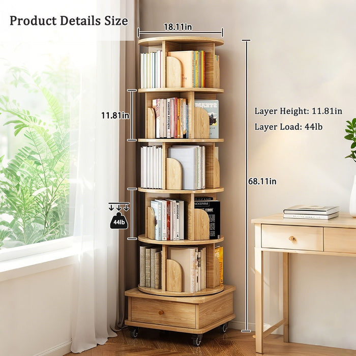 6 Tier Rotating Bookshelf With Wheels And Drawer, 360° Spinning Design, Space Saving Storage, For Home - Wood