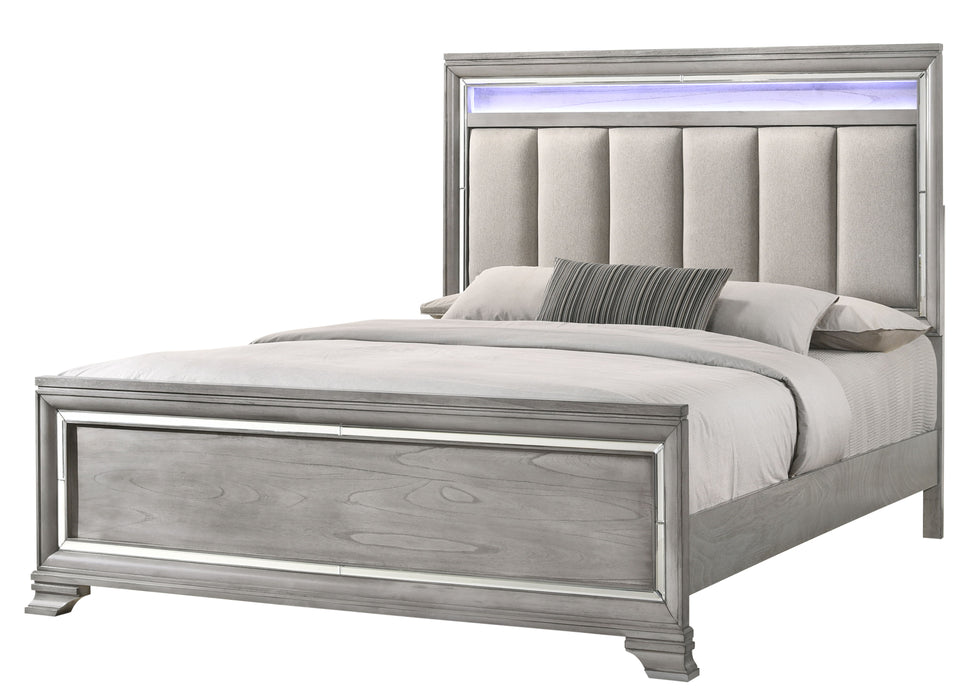 Modern Glam Style Upholstered Headboard LED Light Silver Strip Inlay Edges Light Gray Finish King Size Bed Wooden Bedroom Furniture