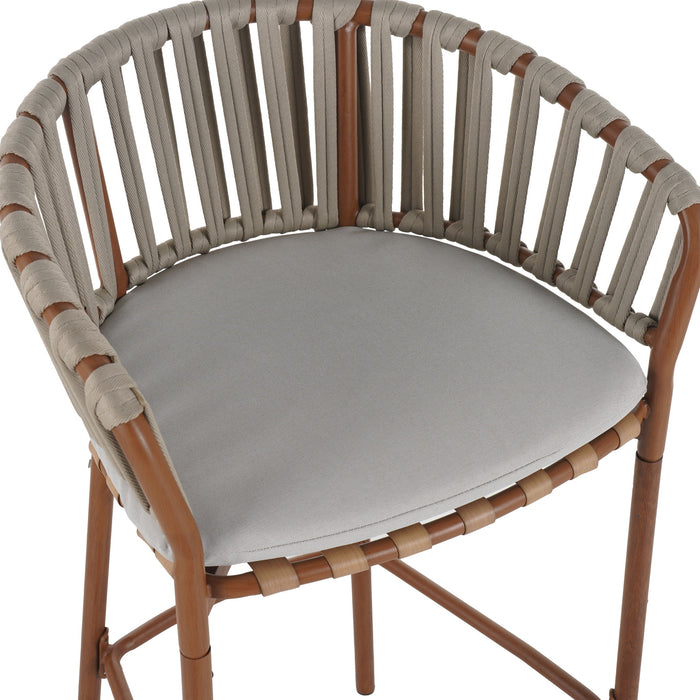 Lodi - Outdoor Matal Rope Barstool, Teak / Beige (Set of 2) - Teak / Beige