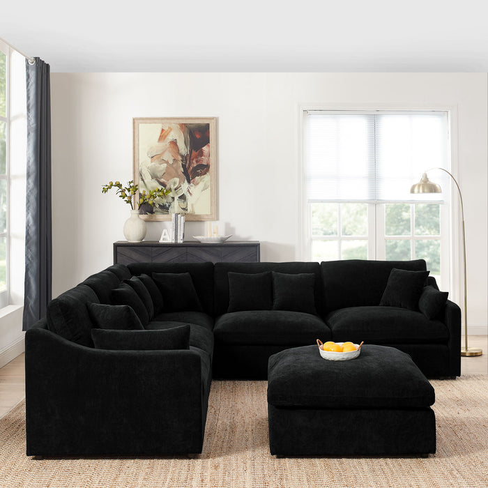 6 Seats Modular L-Shaped Sectional Sofa With Ottoman, 10 Pillows, Oversized Upholstered Couch Width / Removabled Down - Filled Seat Cushion For Living Room, Chenille Black