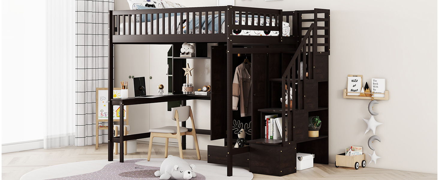 Loft Bed With Bookshelf, Drawers, Desk, And Wardrobe