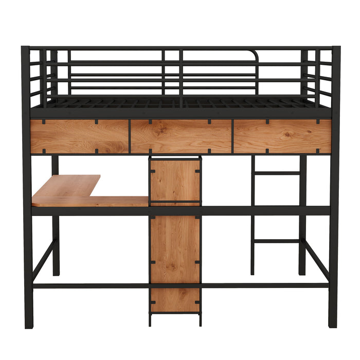 Full Size & Loft Bed With L-Shaped Desk And Shelves - Black
