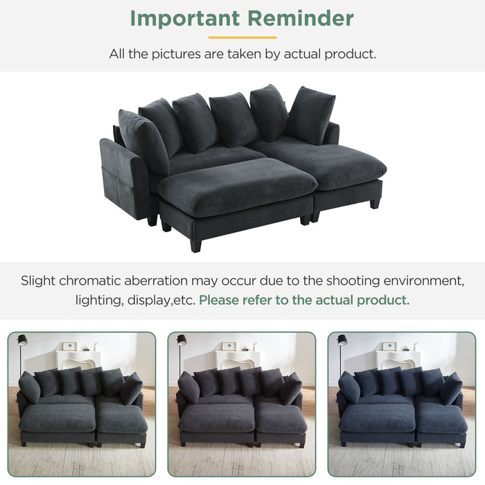 Upholstered L Shaped Sectional Sofa With Storage, Movable Ottoman, And 6 Throw Pillows