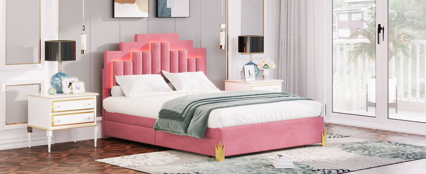 Queen Size Upholstered Platform Bed With LED Lights And 4 Drawers, Stylish Irregular Metal Bed Legs Design - Pink