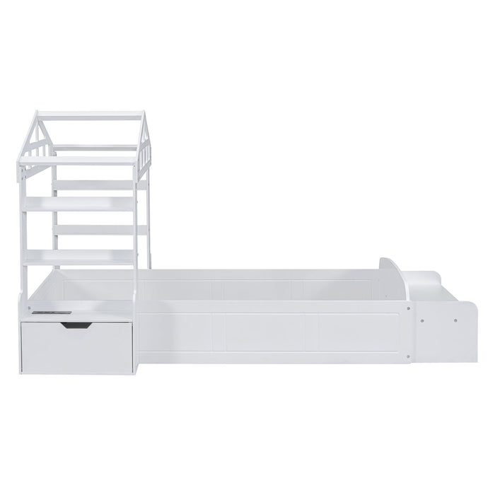 Twin Size House Bed With Bench, Socket And Shelves, White