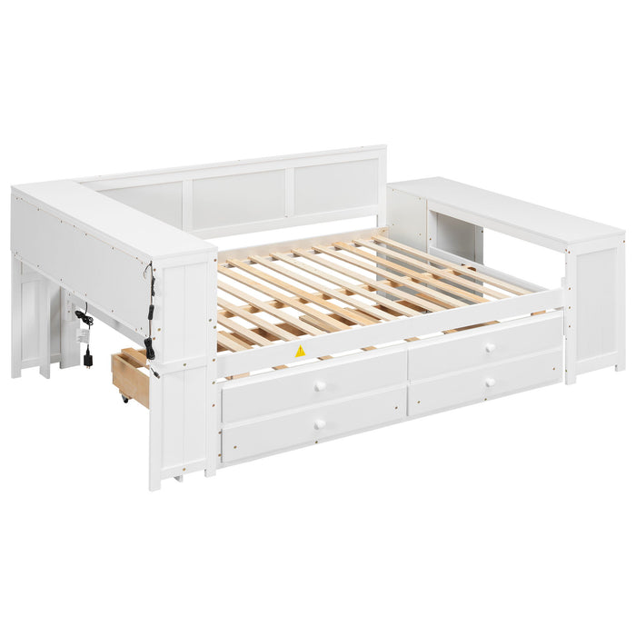 Daybed With Storage Shelves, Drawers, Trundle, Charging Station, LED Light, Desk And Cabinet