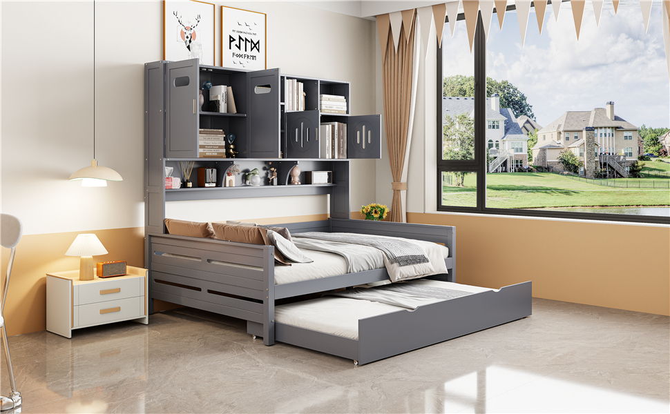 Daybed With All-In-One Cabinet And Shelf